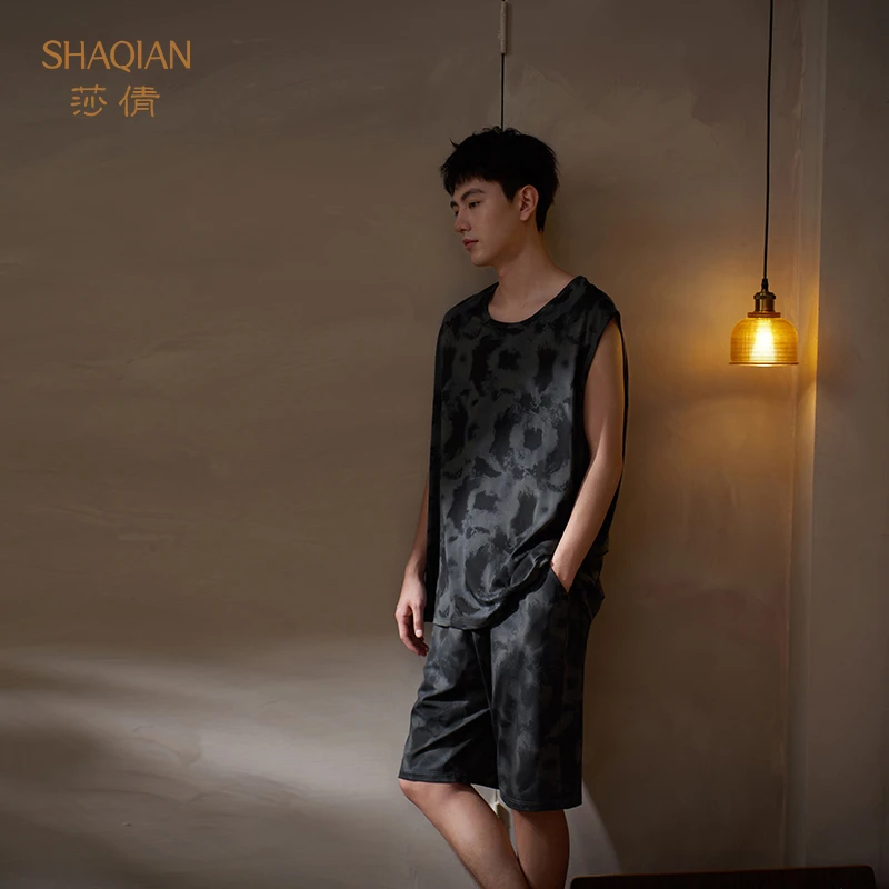 莎倩2025年夏季新款莫代尔棉男士背心短裤睡衣凉感冰丝家居服套装