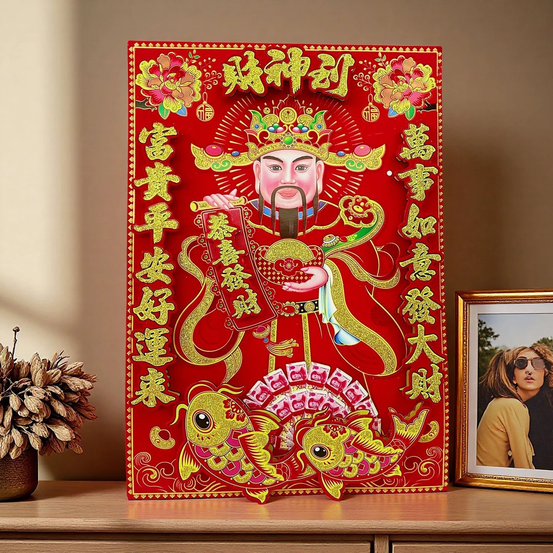 2026新款全背胶植绒立体财神爷双层财神到画像门贴春节装饰年画