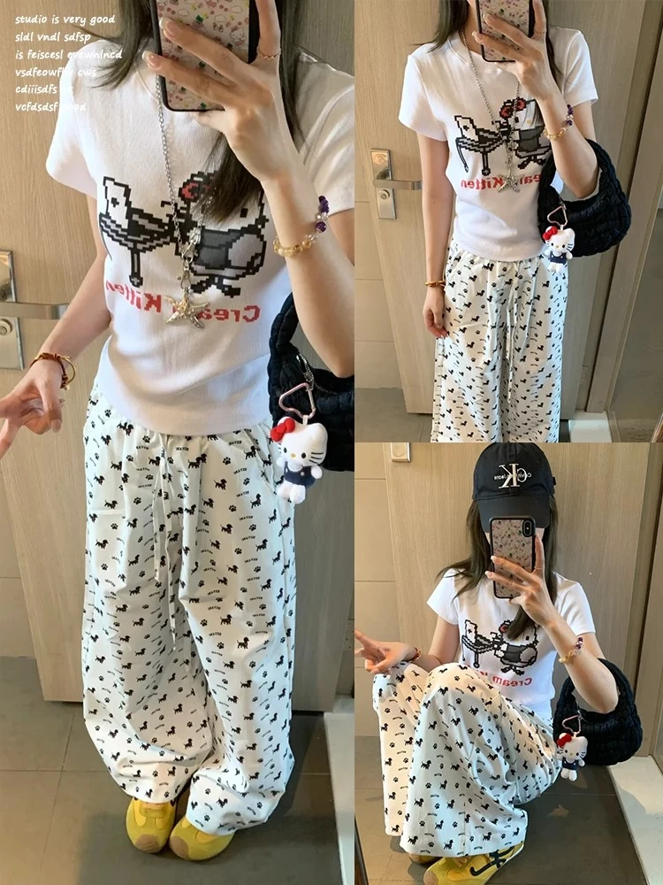 【HEYABC~】白色小狗印花休闲裤女夏季新款宽松抽绳直筒慵懒长裤