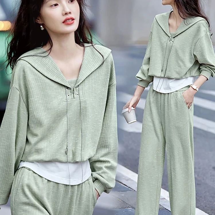 拉夏贝尔休闲运动套装女2025春秋洋气显瘦假两件卫衣阔腿裤两件套