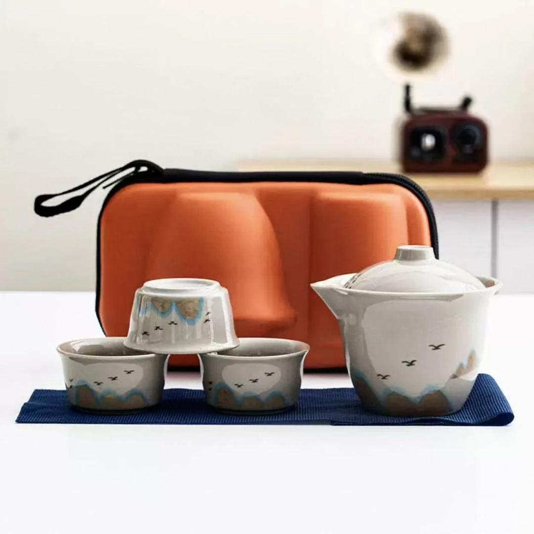 Y4645-复古陶瓷手绘日式旅行茶具快客杯户外便携茶具便携式露营