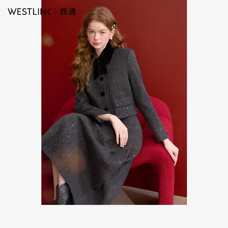 44195西遇名媛小香风外套套装女冬季新款深灰色加绒半身裙两件套