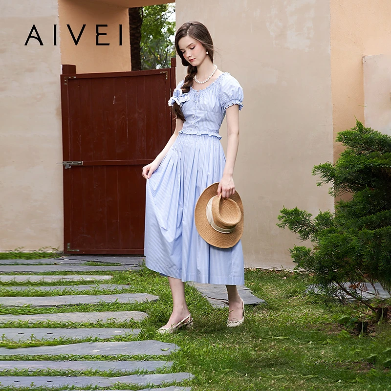 AIVEI欣贺艾薇夏新盐甜短款上衣高腰伞裙条纹衬衫套装R0360181