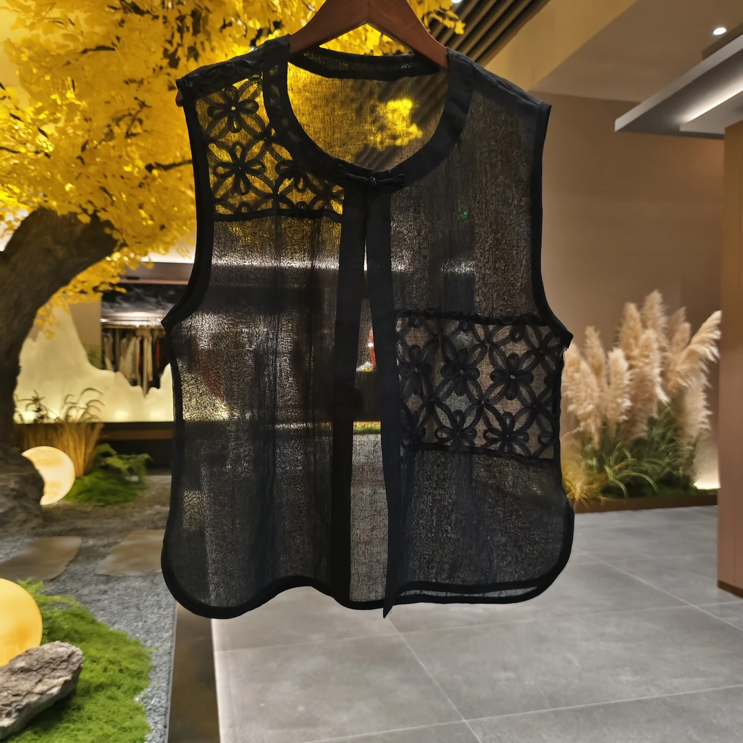 【辞晚】2025新款夏季马甲新中式圆领网纱绣花国风轻薄马夹女