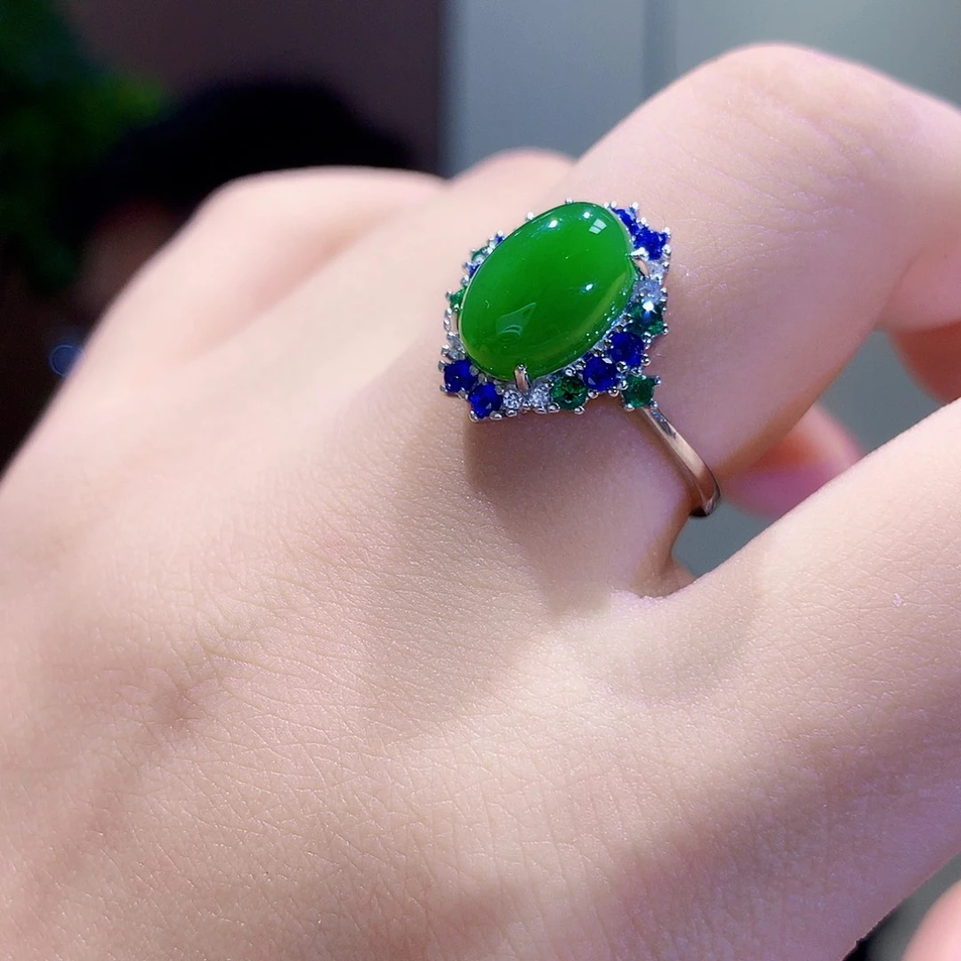和田玉（碧玉）戒指银S925镀金镶嵌