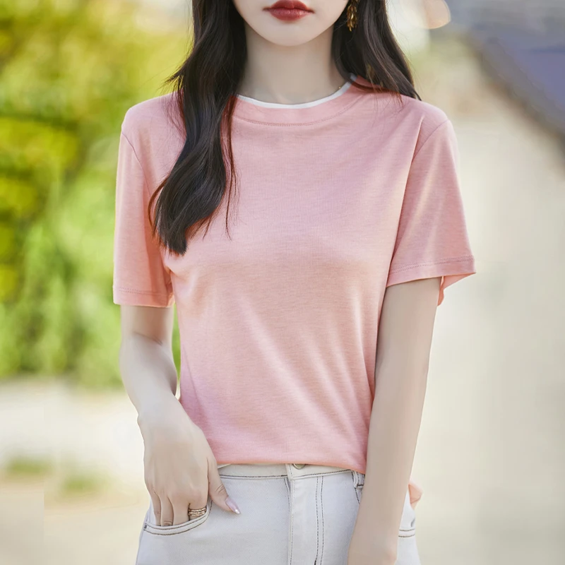 夏季薄款莱赛尔天丝桑蚕丝假两件圆领短袖T恤女显瘦宽松上衣百搭