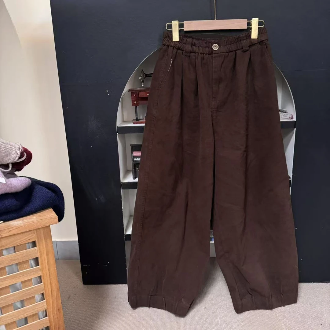 2025秋冬新款净色大码女阔腿裤松紧花边裤脚九分裤显瘦