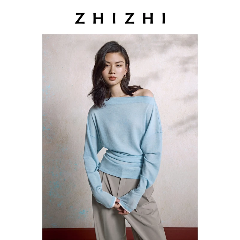 【温躲躲专享】花幕暗 全羊毛针织斜肩T恤新款一字领ZZ2EAWT1001