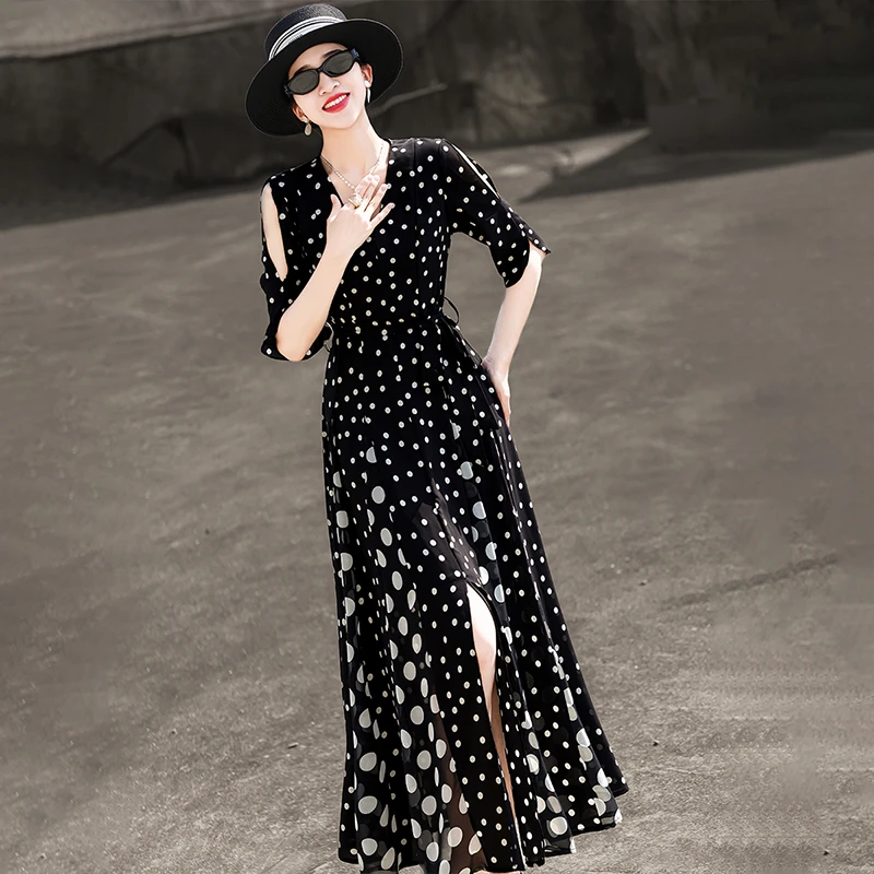 MEXCOCO/兰瑟儿夏新款气质法式复古收腰绑带波点连衣裙105XL2478