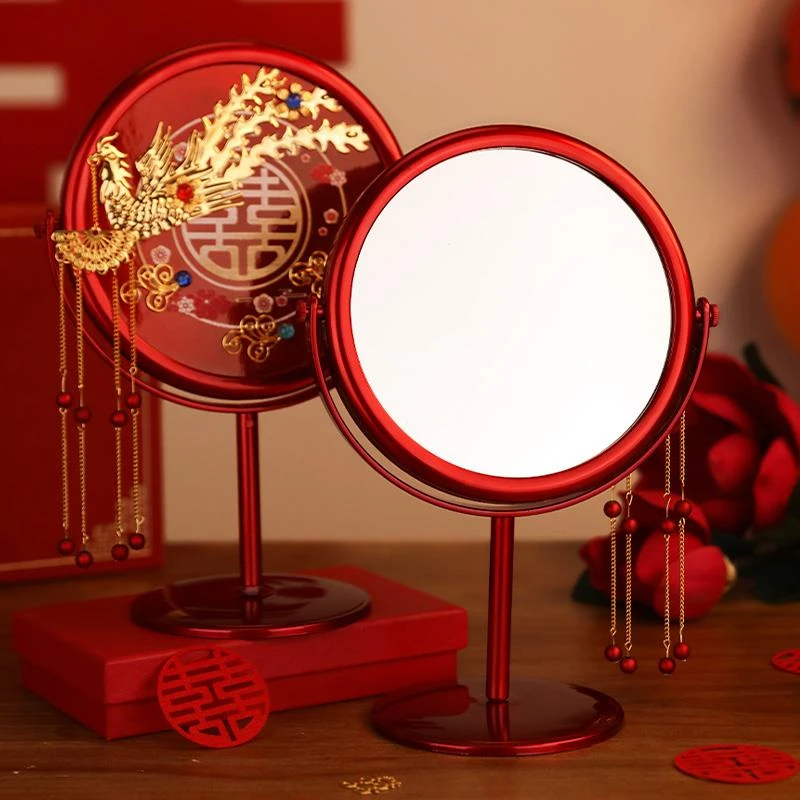 婚礼镜子一对女方陪嫁用品红色出嫁喜镜新娘化妆镜备婚物品大全XR