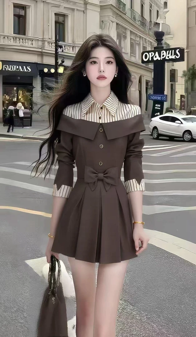 秋季新款时尚小香风法式咖色拼接条纹衬衫领长袖收腰蝴蝶结连衣裙