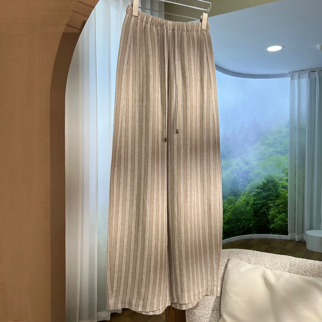 软糯顶奢纯亚麻三色提花纺织工艺直筒裤抽绳夏季休闲长裤显瘦