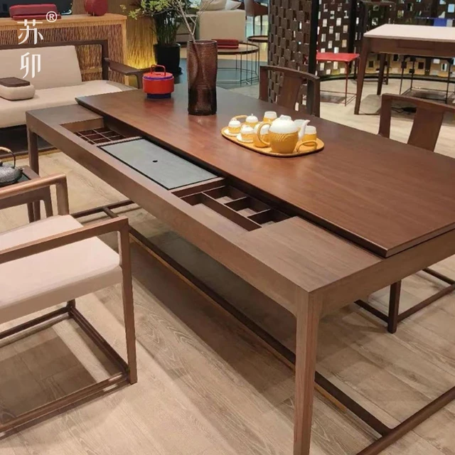 苏卯新中式茶桌椅组合轻奢泡茶桌简约实木多功能可推拉茶台高级感