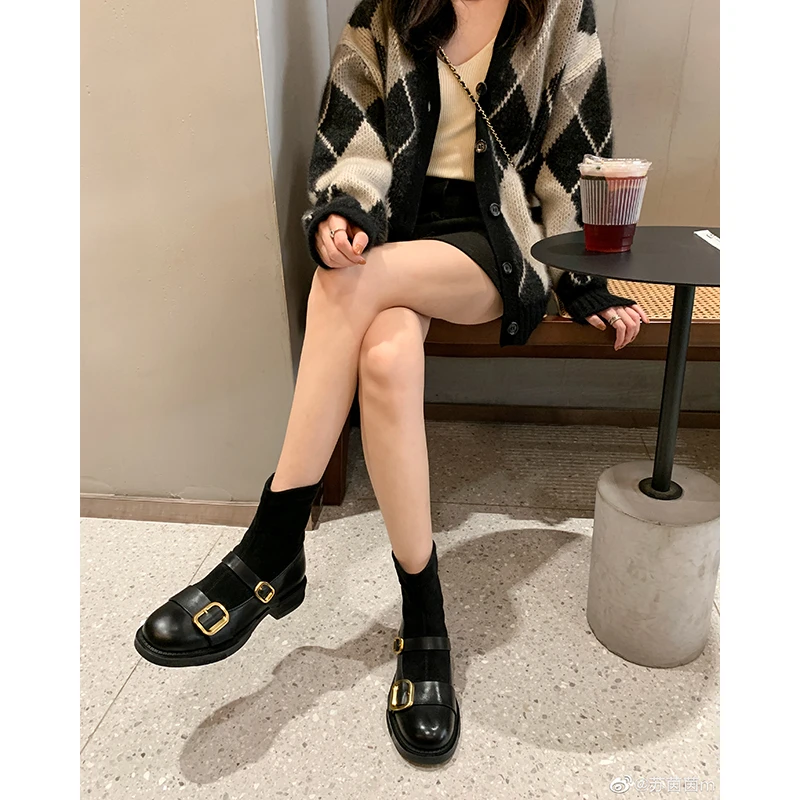 【年中钜惠】新款真皮双扣带弹力短靴女袜靴黑色瘦瘦靴E3307101