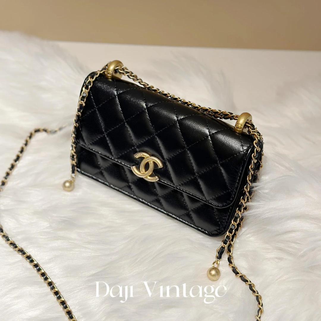 大吉中古/Chanel香奈儿黑金双金珠小woc斜挎包