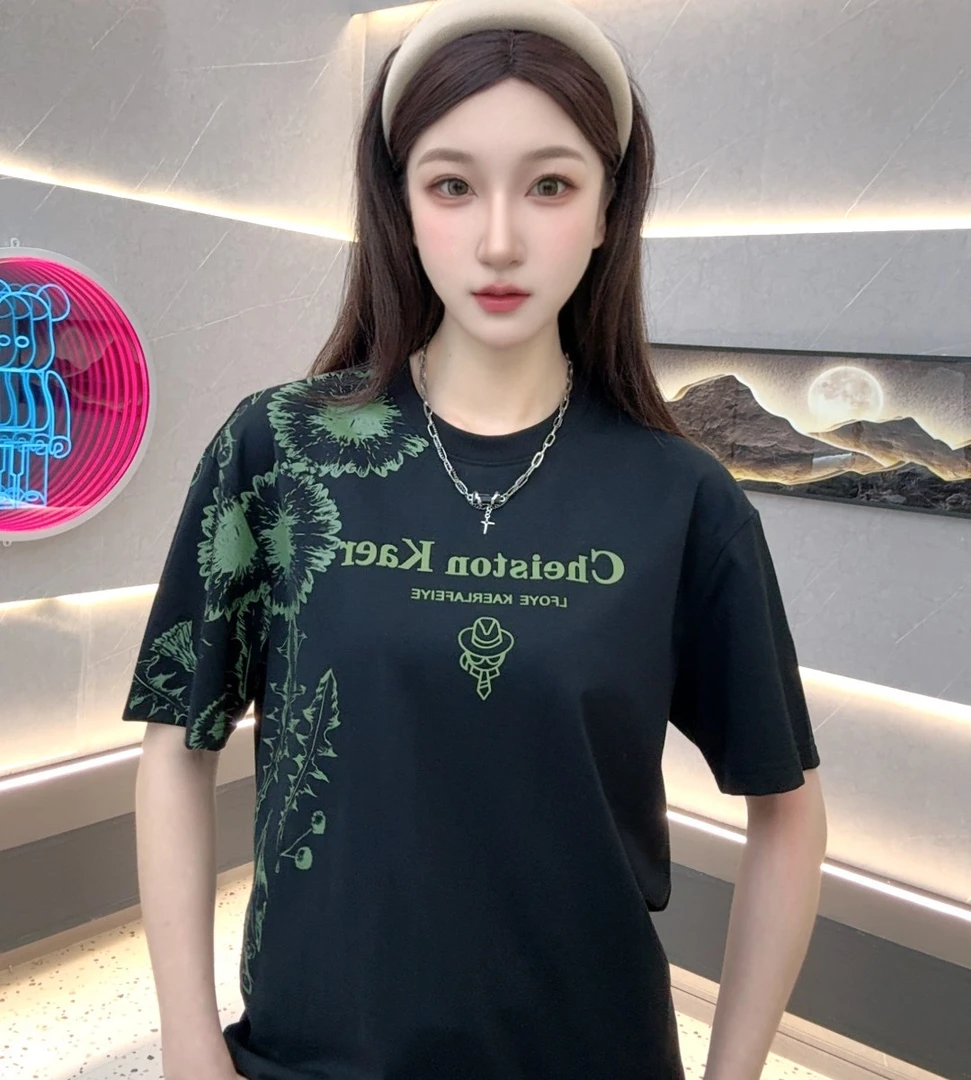 KAERLAFEIYE-夏季新品男士短袖T恤菊花字母时尚百搭圆领欧货男装