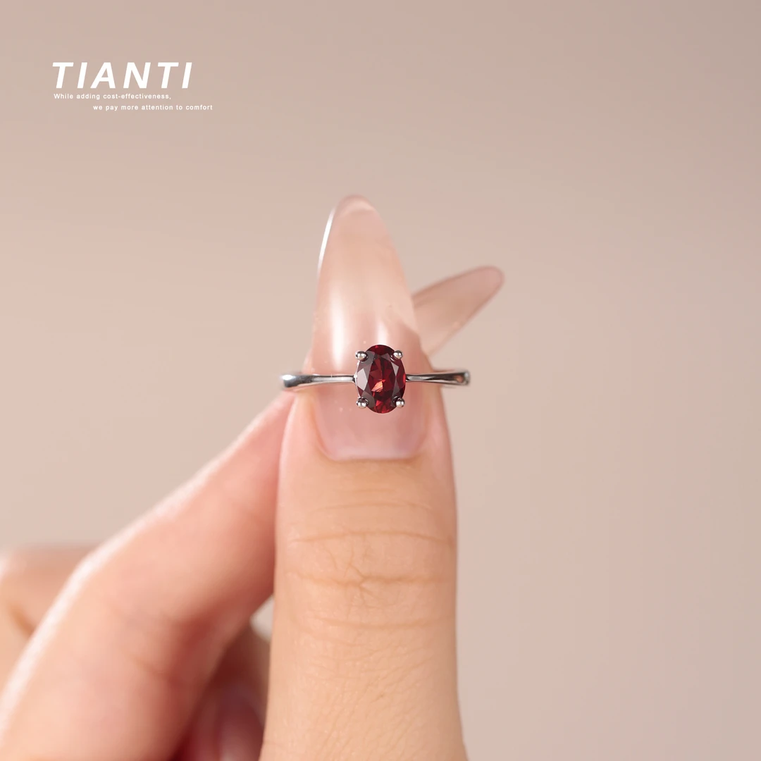 TIANTI/天缇琴瑟 5X7 天然石榴石戒指S925银镀铂金色（银色）素圈