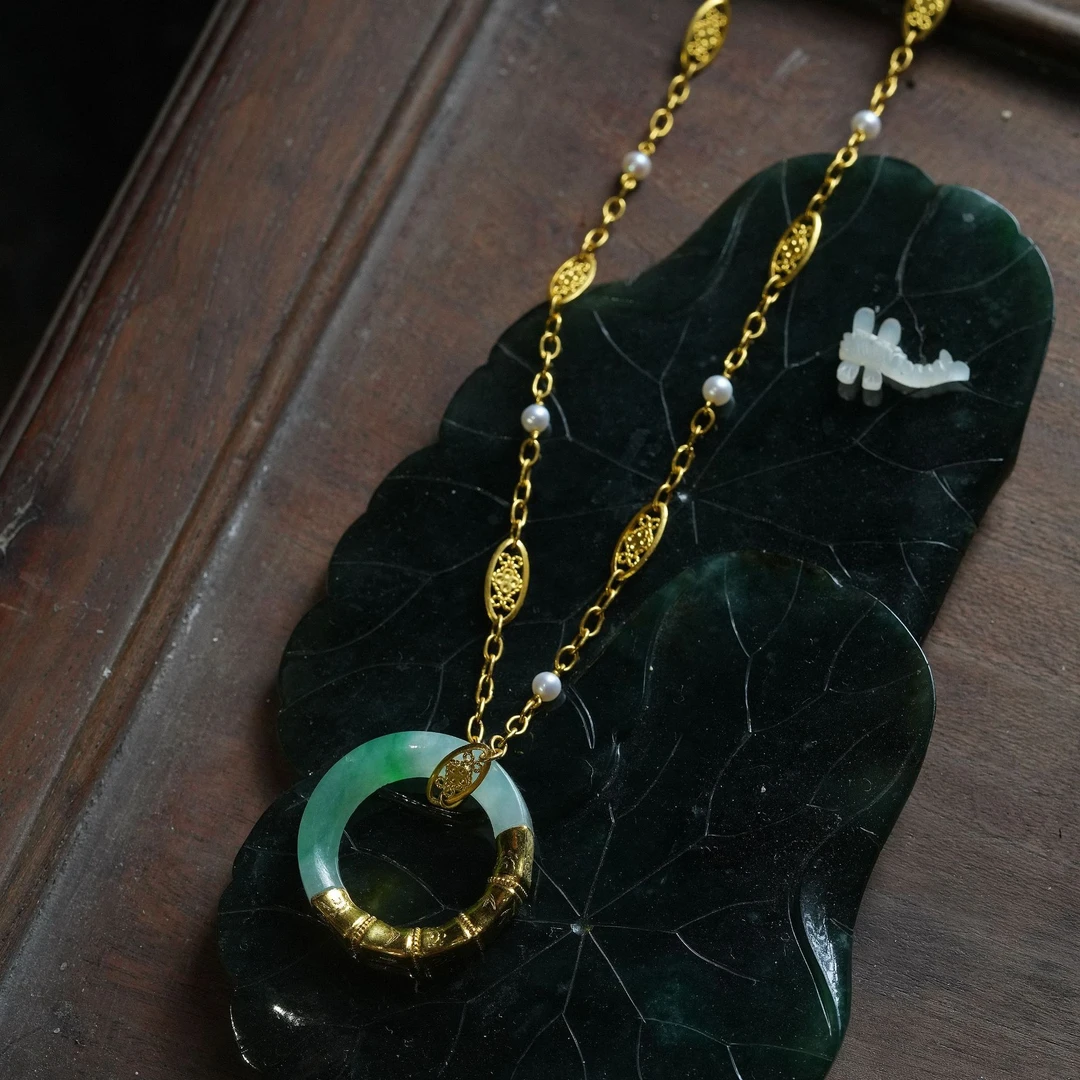 【竹梅】足金老坑冰种绿翡翠平安扣项链 粗金链