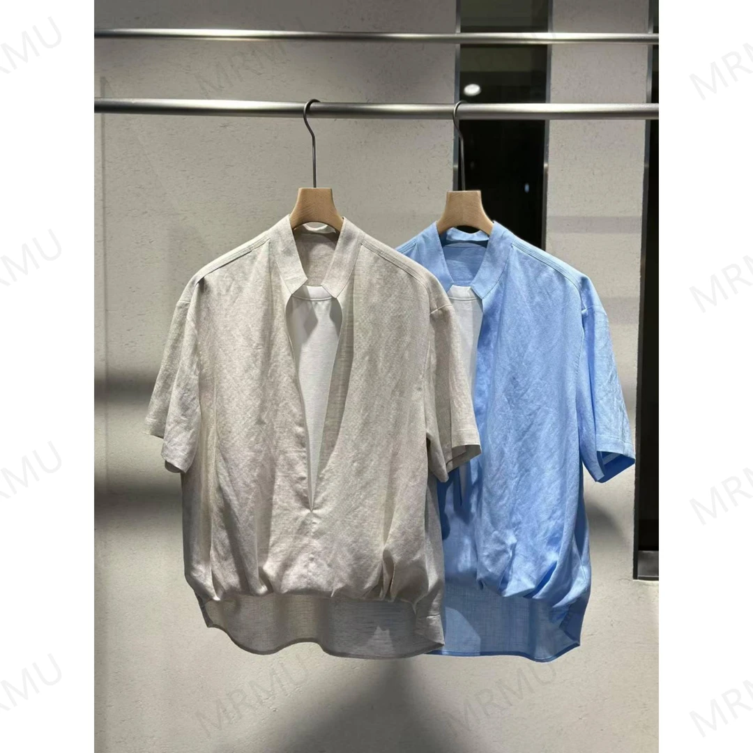 【Mr.慕】小众设计师夏季亚麻天丝假两件V领开衫简约衬衫短袖