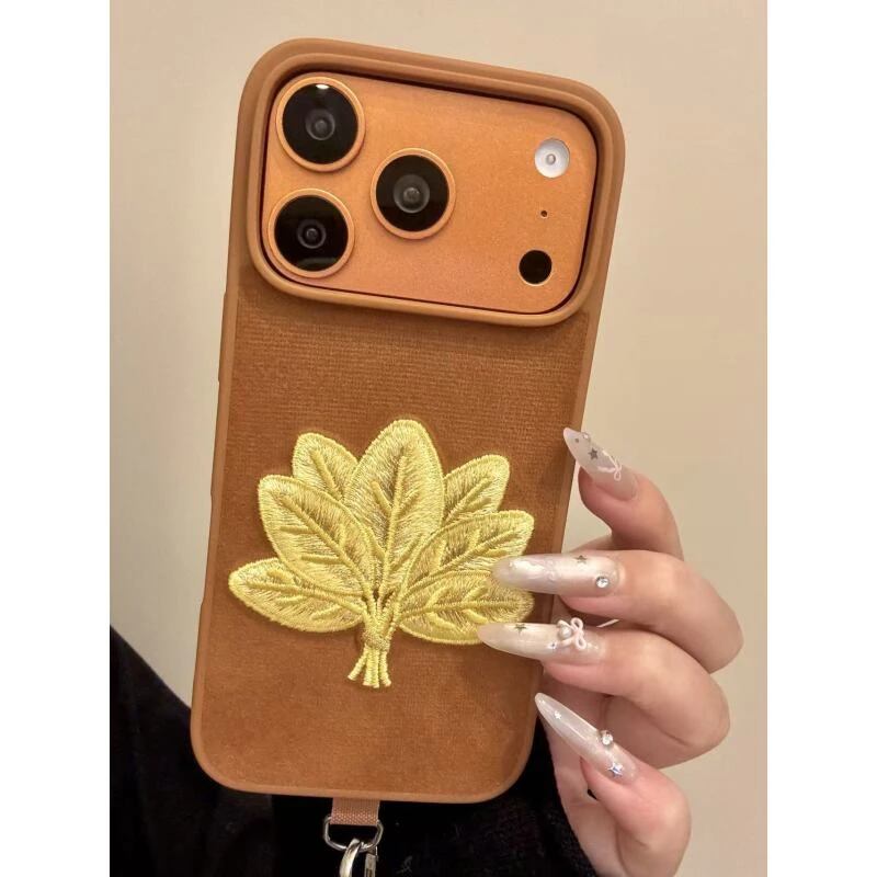 小清新咖色底刺绣幸运柚子叶适用iphone17promax苹果16手机壳新款