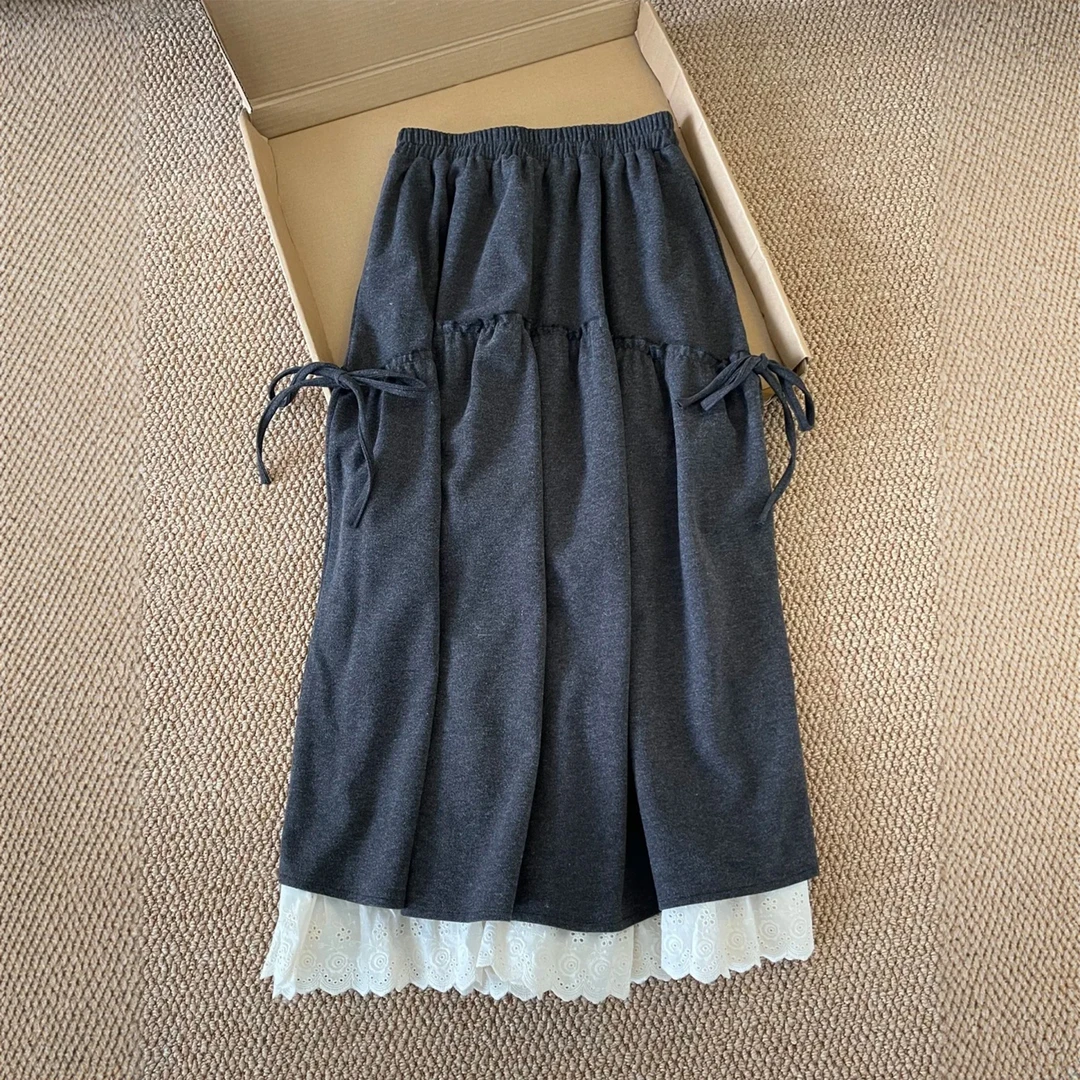 灰色a字半身裙女秋季大码蕾丝拼接毛呢裙胖mm显瘦遮胯中长款半裙