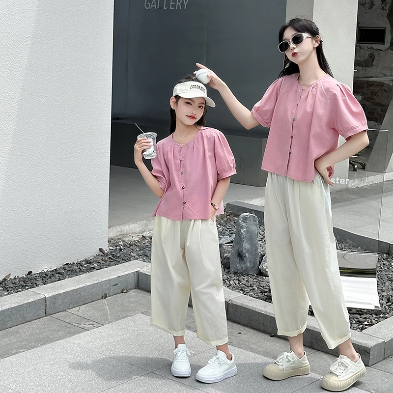 亲子装夏季2024新款女童套装女宝宝泡泡袖气质母女装上衣薄款上衣