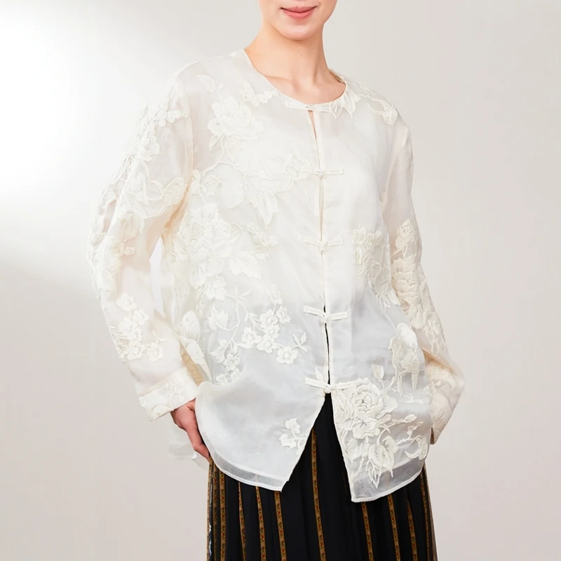 四月初九加大码女装胖MM2025春重工刺绣东方之美中式对襟衬衫