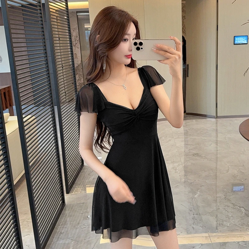 纯欲低胸网纱性感连衣裙女辣妹气质紧身大摆飞飞袖显瘦夜场工作服