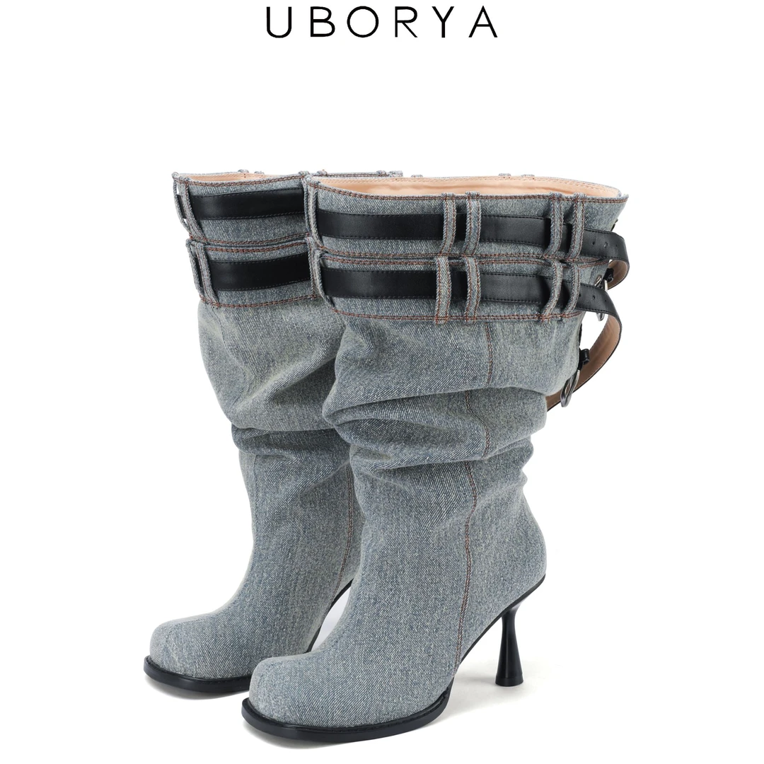 活动专属UBORYA设计师街头辣妹百搭都市游牧风圆头高跟靴女