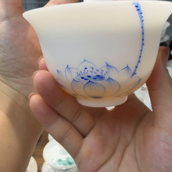 冰种素烧手绘三才盖碗荷花