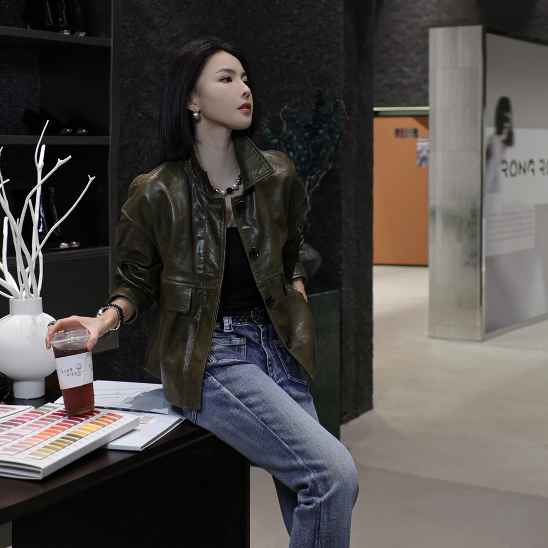 溶溶【塞纳旋律】RONGRONG 100绵羊皮赫本风油蜡皮机车皮衣MYOL2812