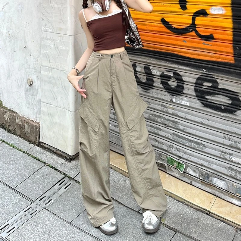 美式复古工装裤女2025夏季薄款高腰直筒阔腿裤小个子速干休闲裤子