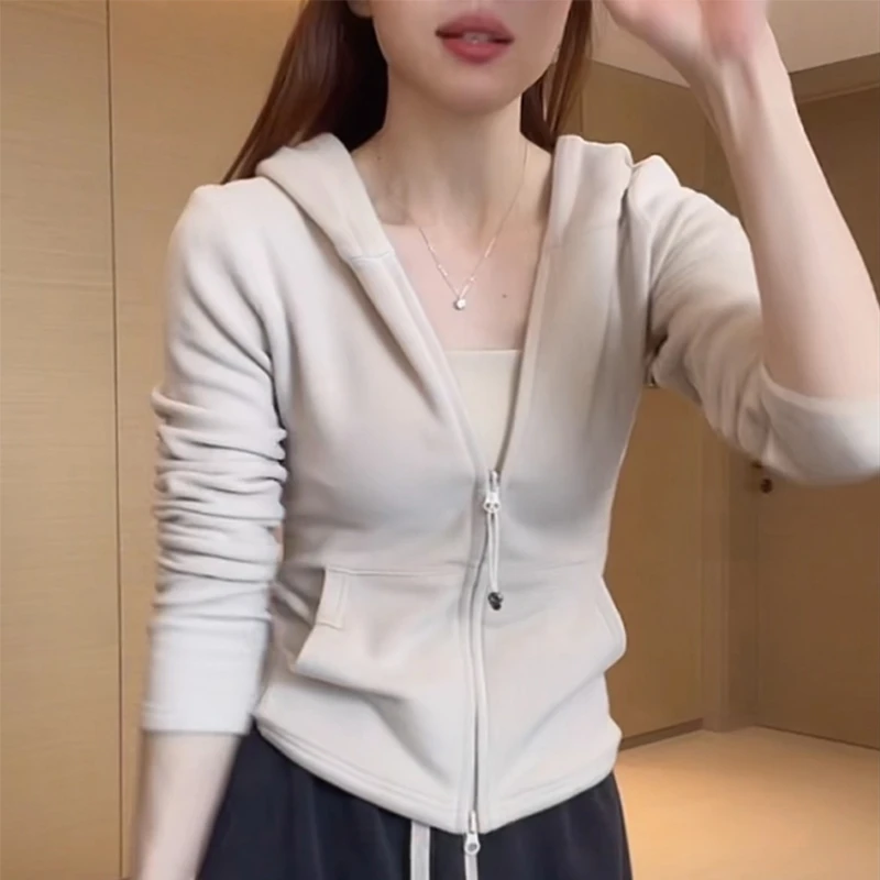 白色双拉链连帽开衫长袖外套女2025秋季新款修身显瘦独特别致上衣