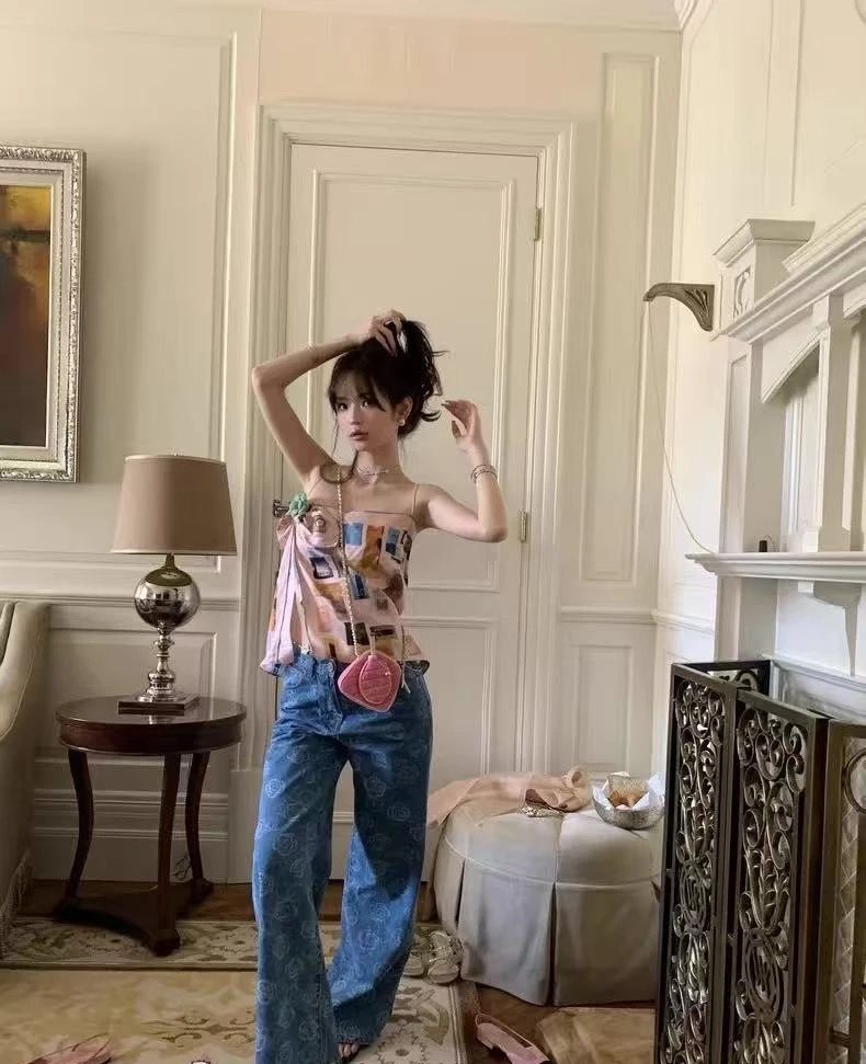 2025新款水洗花朵印花牛仔裤-053