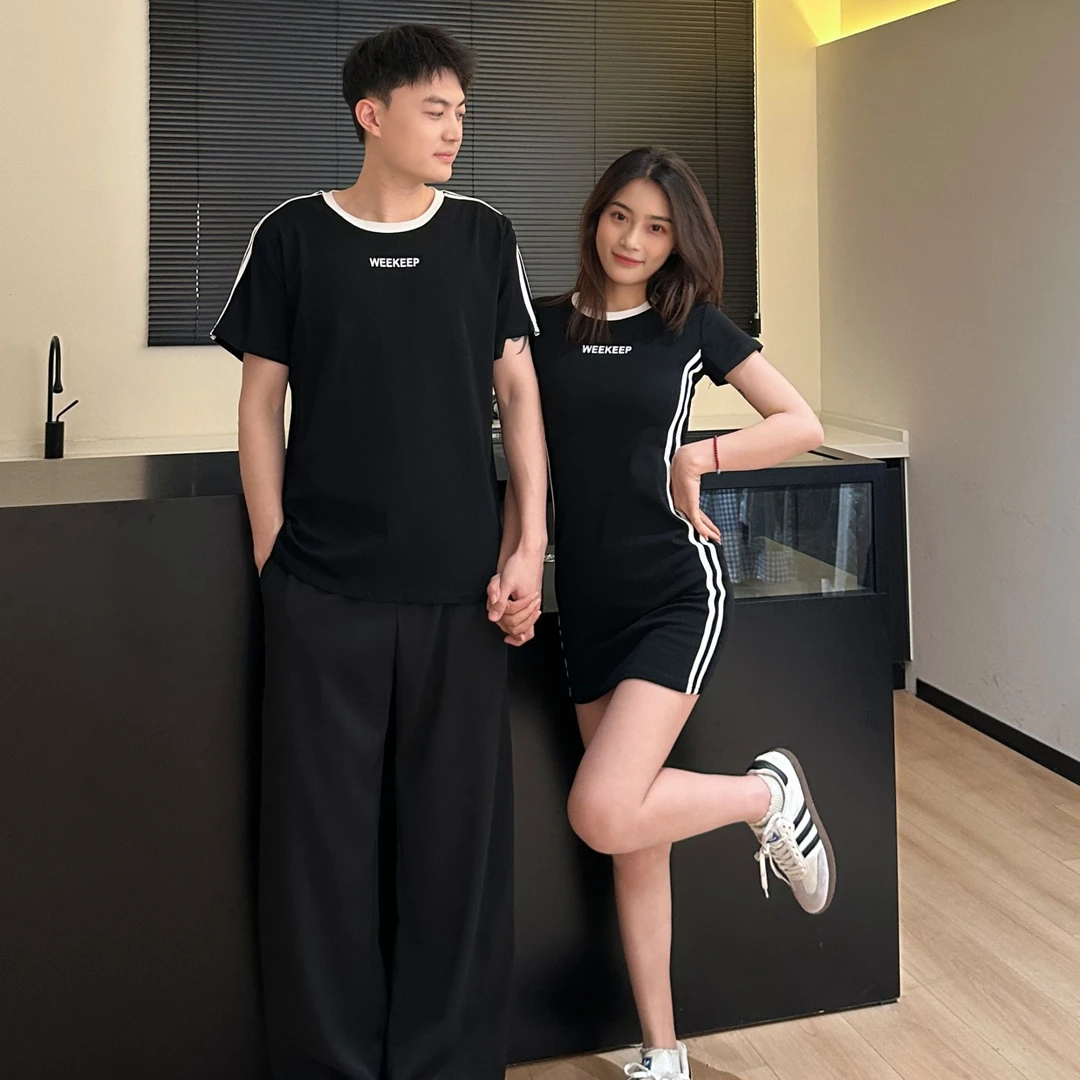 情侣装夏季美式简约风修身拼接条纹女连衣裙男短袖T恤一裙一衣