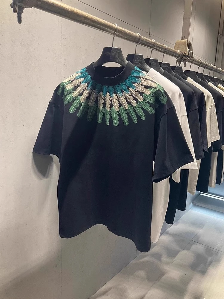 美式国潮宽松休闲2025夏季刺绣圆领短袖T恤男女同款宽松潮牌大码