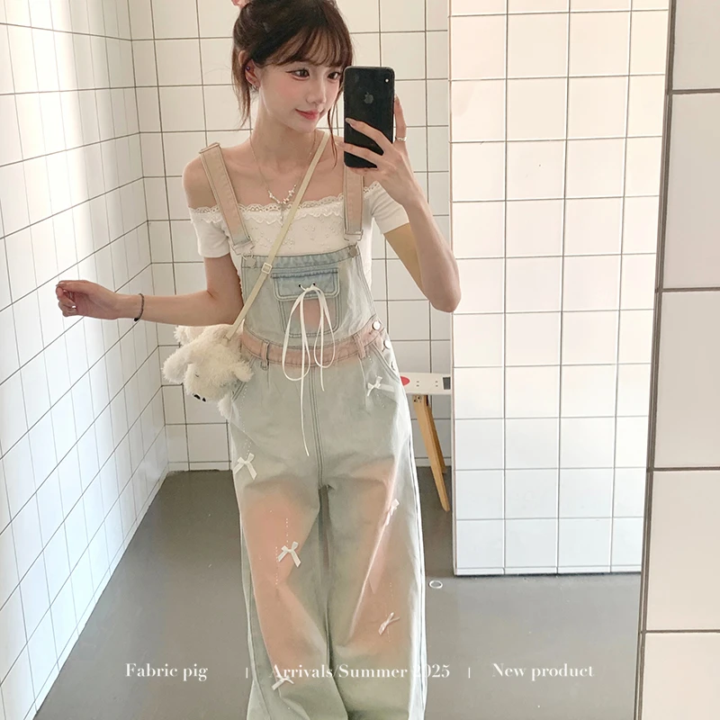 奶糖泡泡 织物猪原创 少女风一字肩上衣女夏粉渐变背带裤