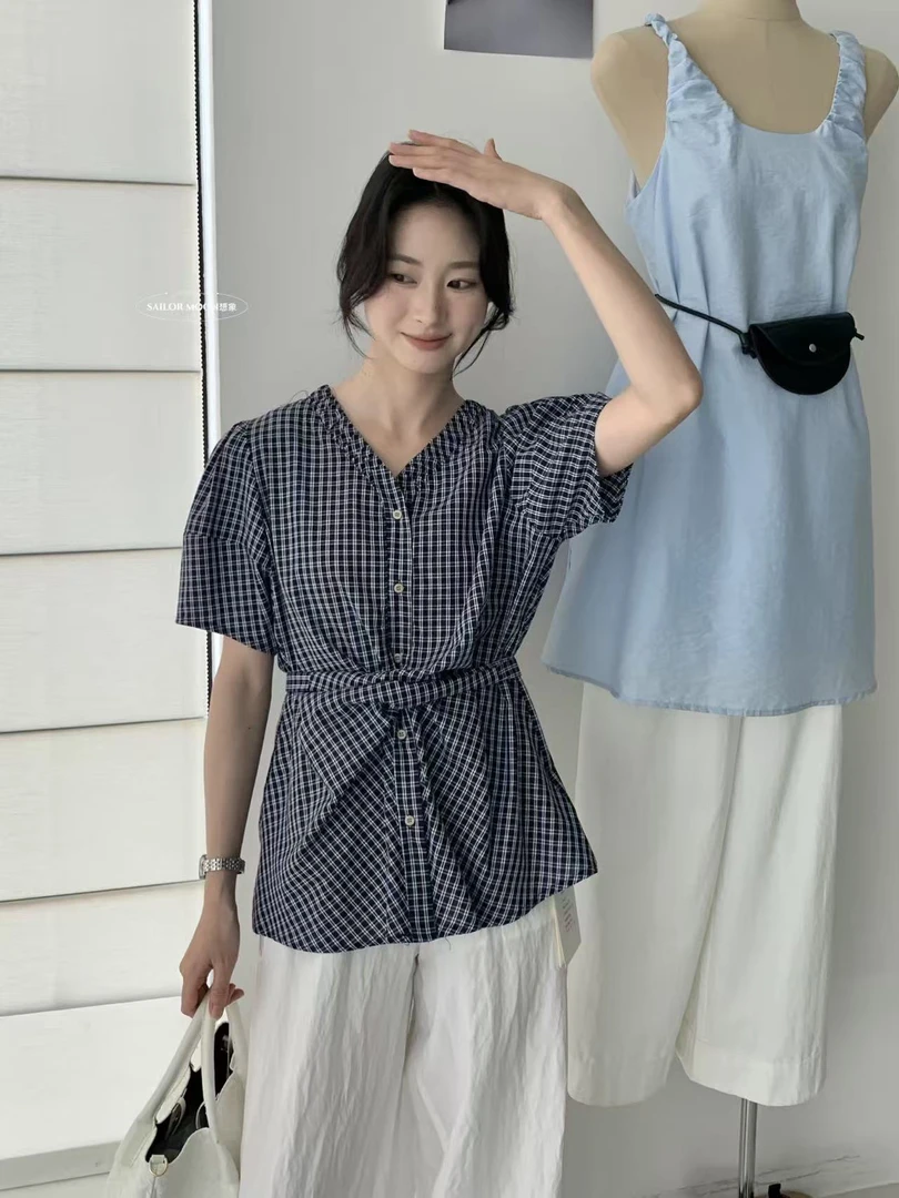 想象@8730 韩系温柔风系带V领显瘦小衫 5-20