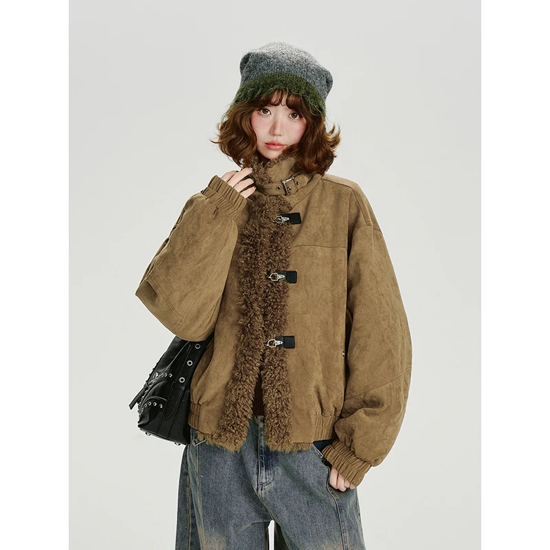 美式复古麂皮绒羊羔毛拼接棉衣外套女冬季2025新款小个子加厚棉服