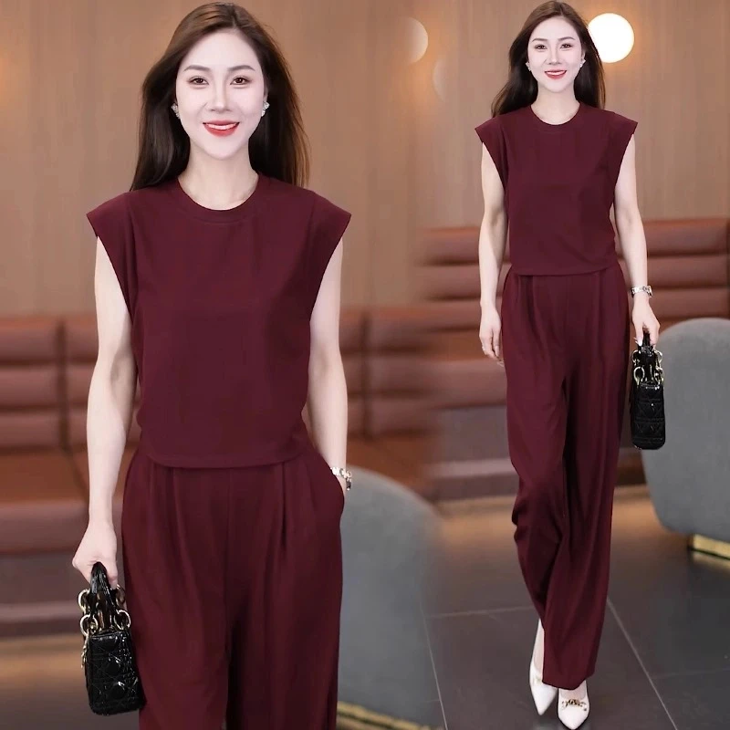 【赠运费险】2025夏季新款洋气显瘦设计感短袖上衣阔腿裤两件套潮