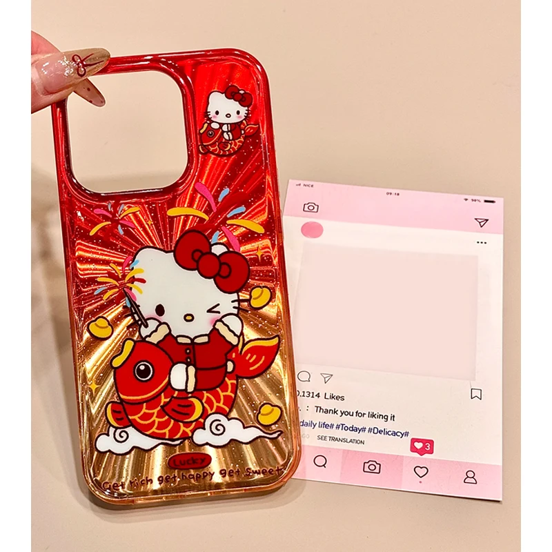新年锦鲤凯蒂适用iPhone16promax苹果13/15手机壳14细闪11新款12