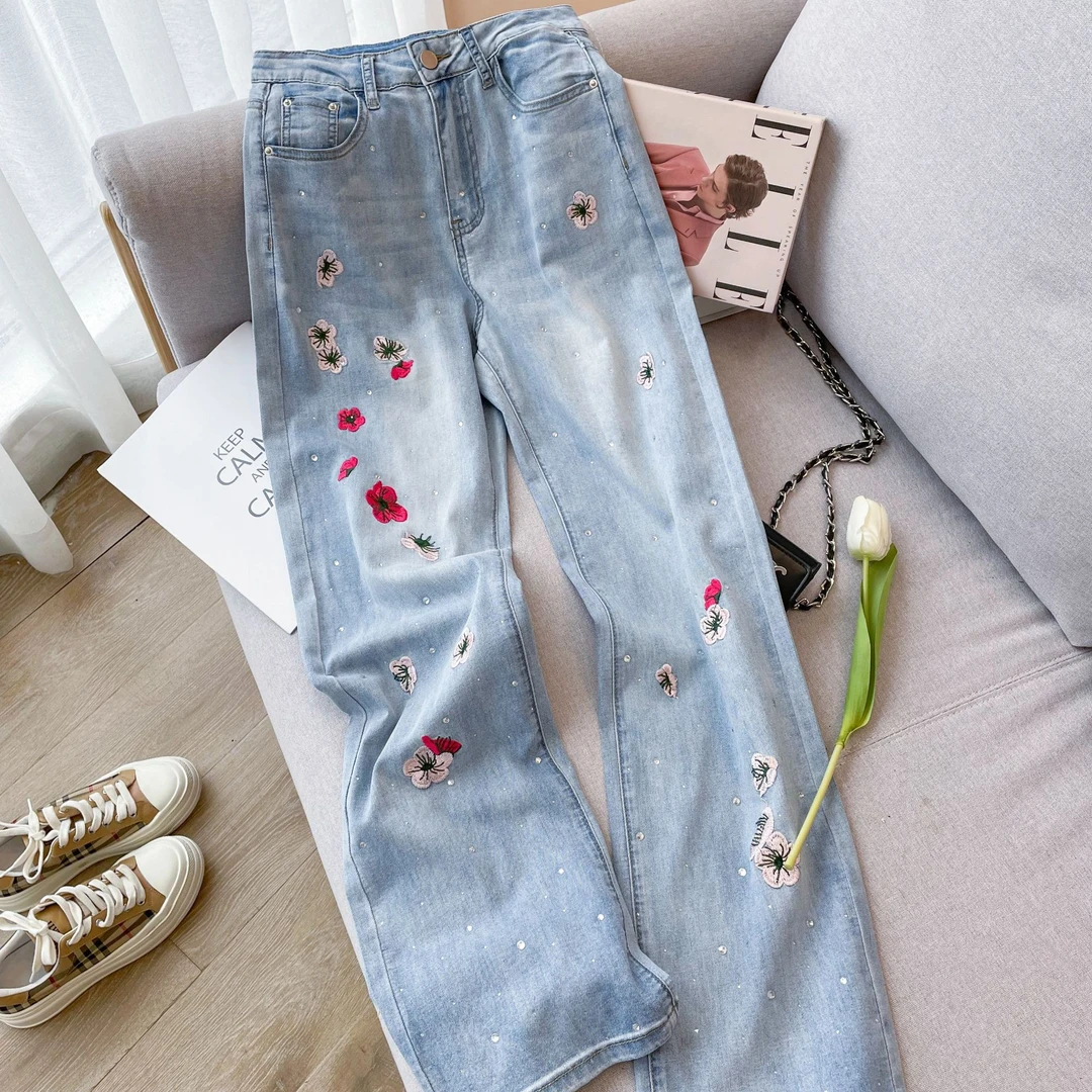 夏季百搭刺绣花朵牛仔裤高腰显瘦阔腿裤港风复古时尚直筒薄款长裤