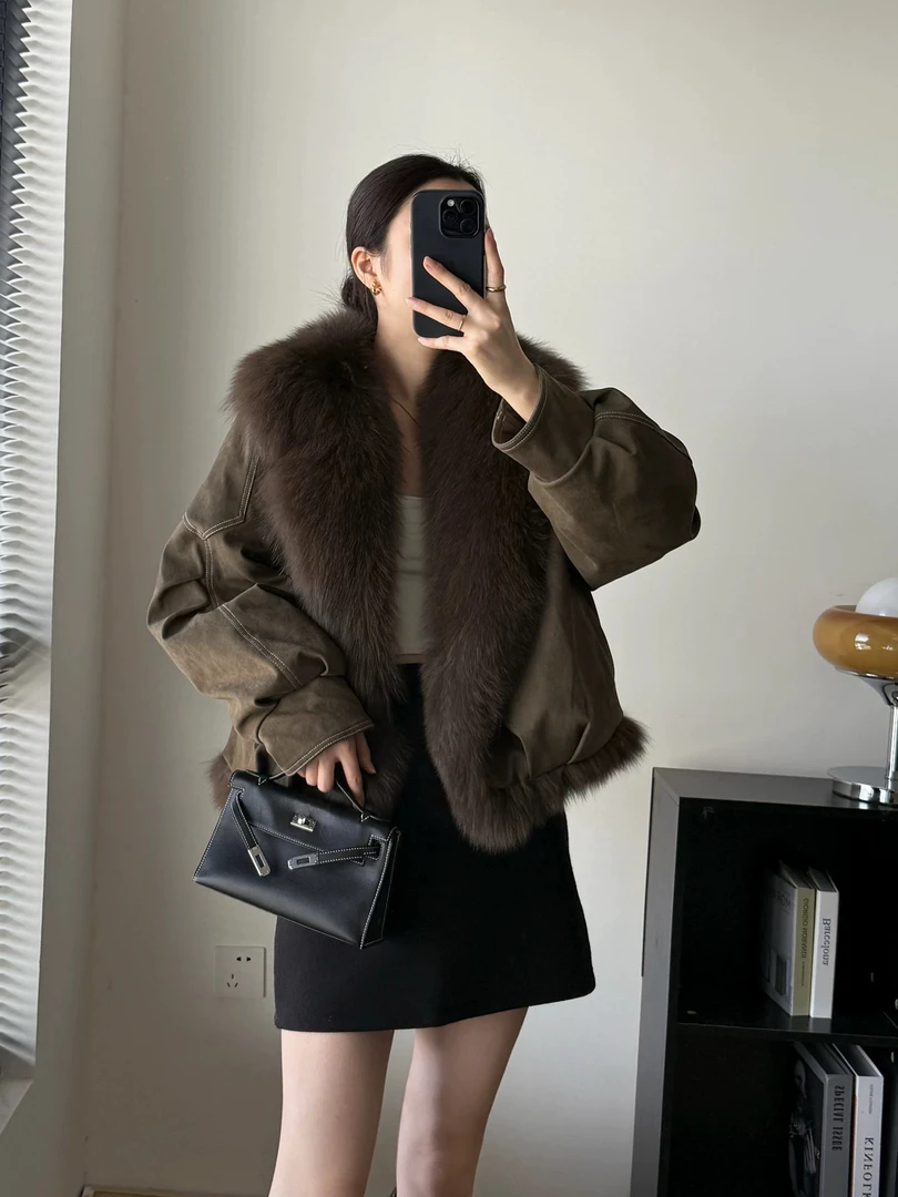 2025秋冬新款大毛领机车短款狐狸毛皮草外套女爆款派克羽绒服