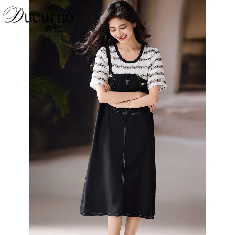 洋气蕾丝拼接黑色连衣裙女夏季2025年新款休闲百搭裙子大码女装