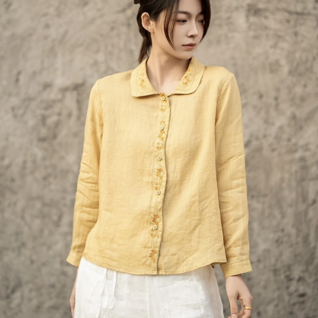 100%纯苎麻衬衫文艺小清新刺绣苎麻小衫长袖宽松白衬衣女
