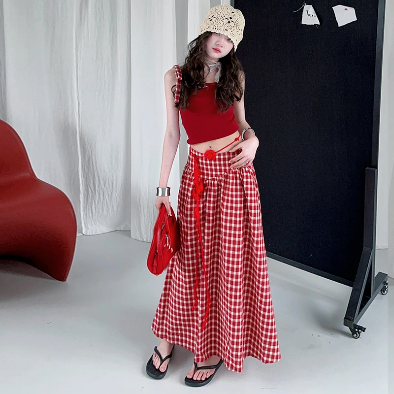 女童多巴胺格子吊带连衣裙套装2025夏季海边度假漂亮显瘦裙子