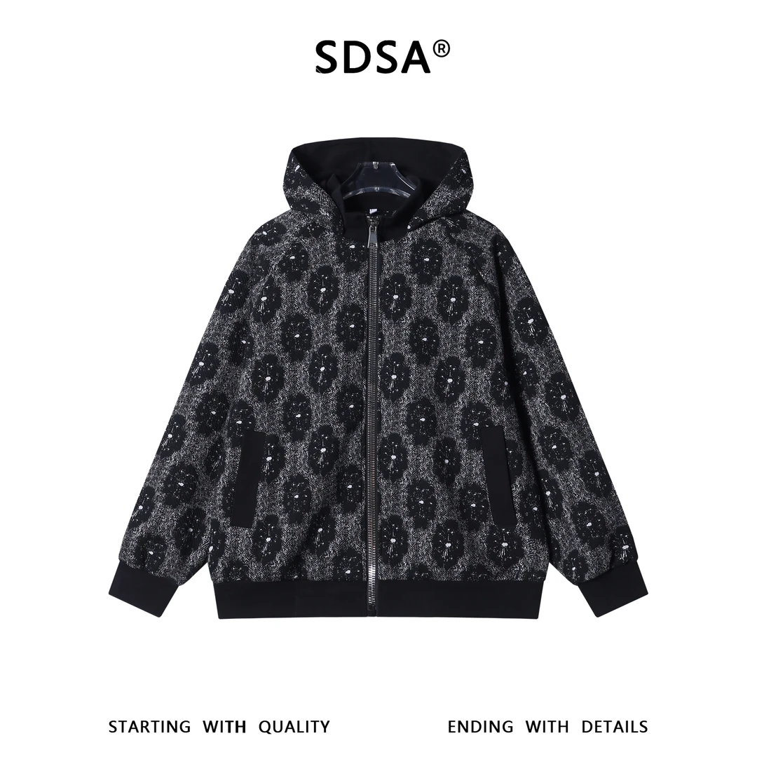 SDSA秋冬新款痞帅男装简约肌理感撞色花朵拉链立领连帽卫衣百搭