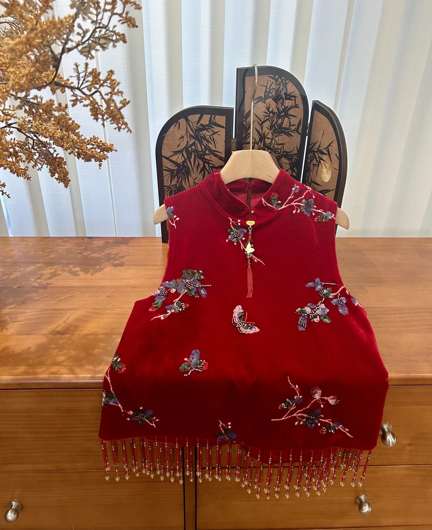 【延禧】中国风红色丝绒刺绣马甲2025秋冬新款新中式重工上衣女童