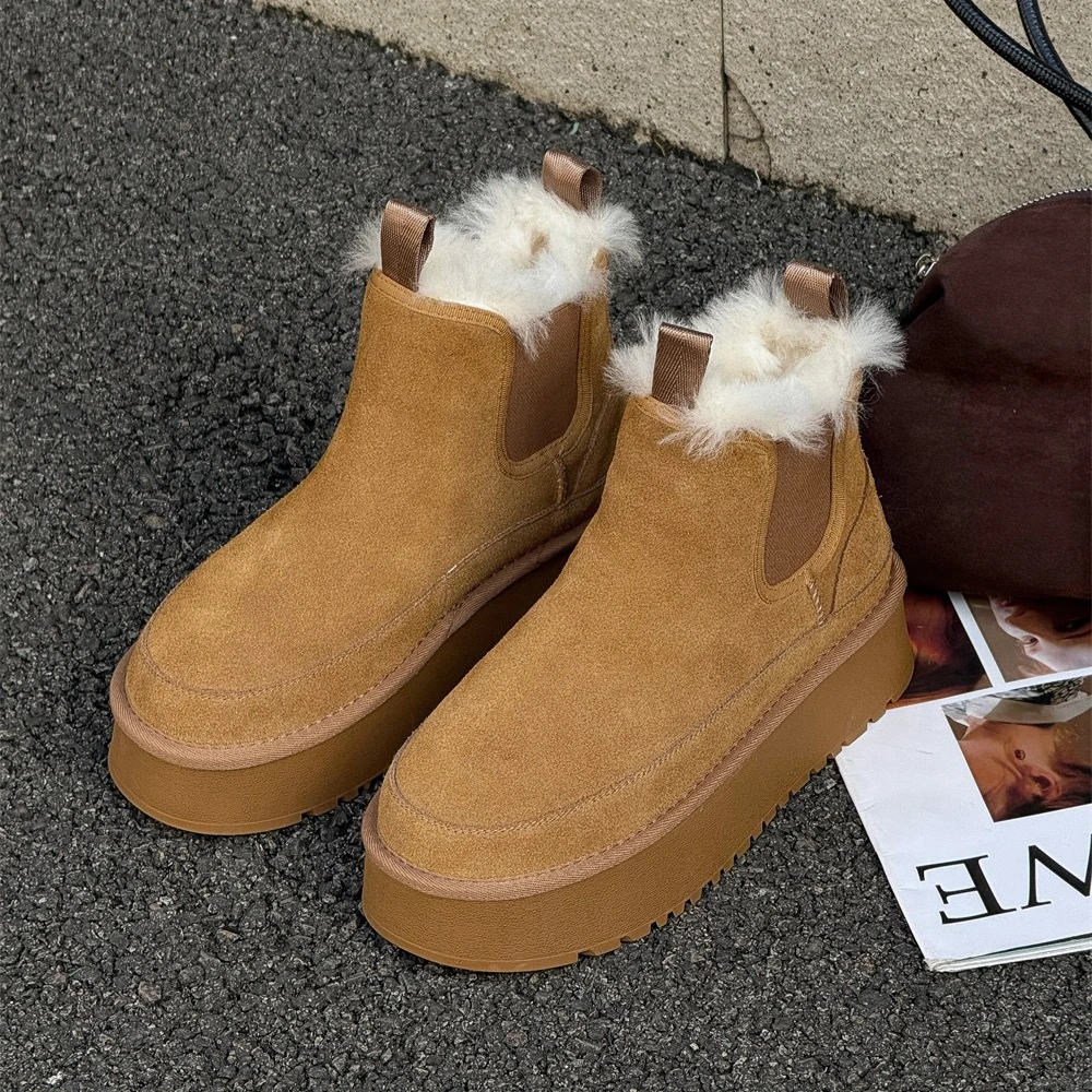 切尔西棉靴子女厚底百搭真皮短筒靴冬季款加绒保暖增高防滑雪地靴
