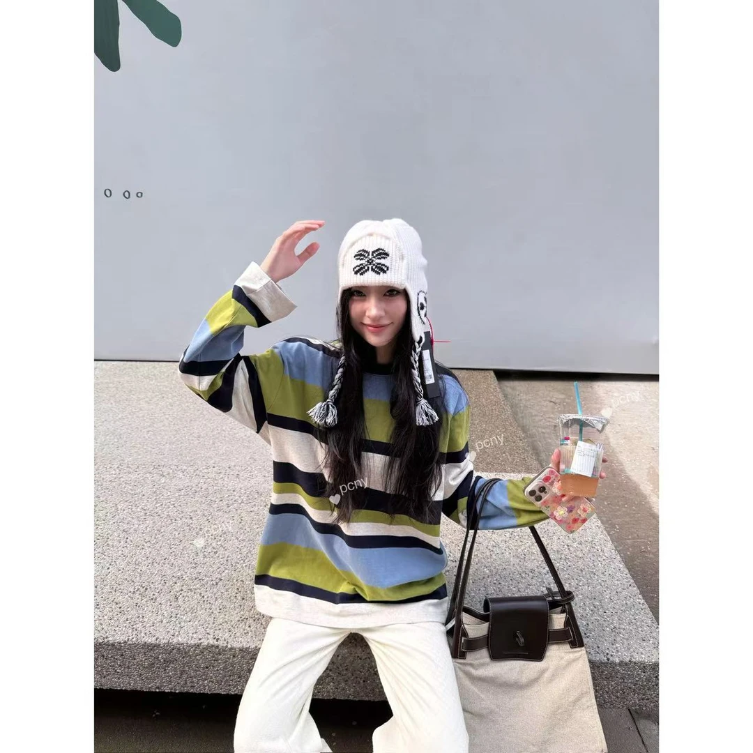 PCNY「绿蓝织梦」不理理新款女装时尚百搭经典圆领长袖条纹T恤